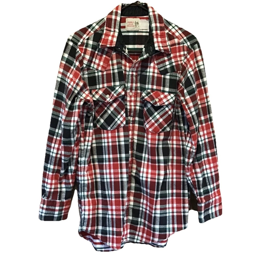 VTG Saddle King Western Men's L Flannel Plaid Shirt Pearl Snap Buttons Cowboy